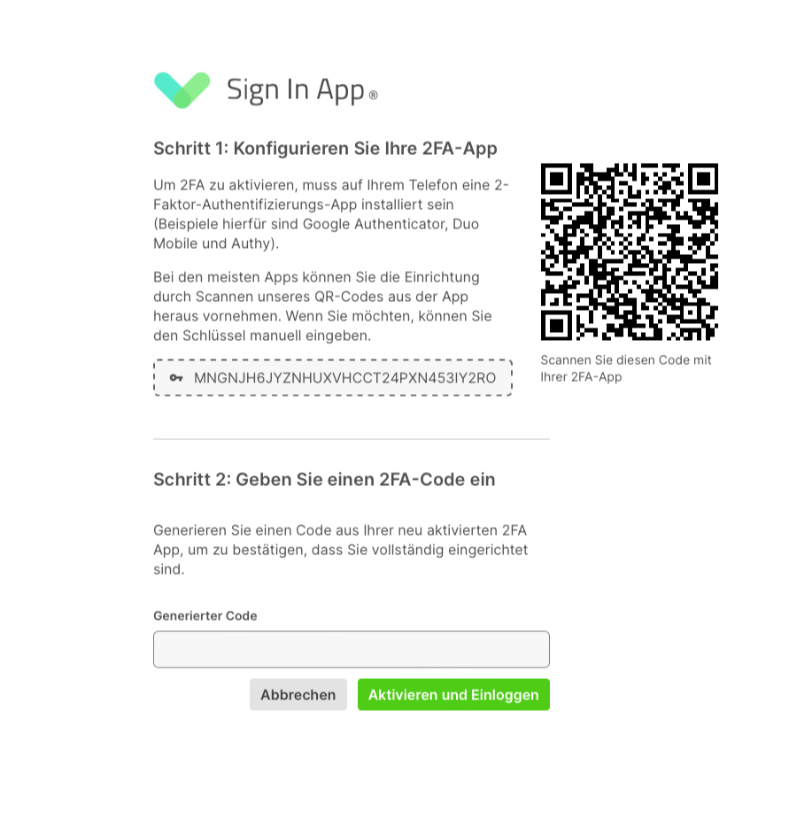 Das Modal für die Zwei-Faktor-Authentifizierung, wie es auf dem Portal der Sign-In-App erscheint