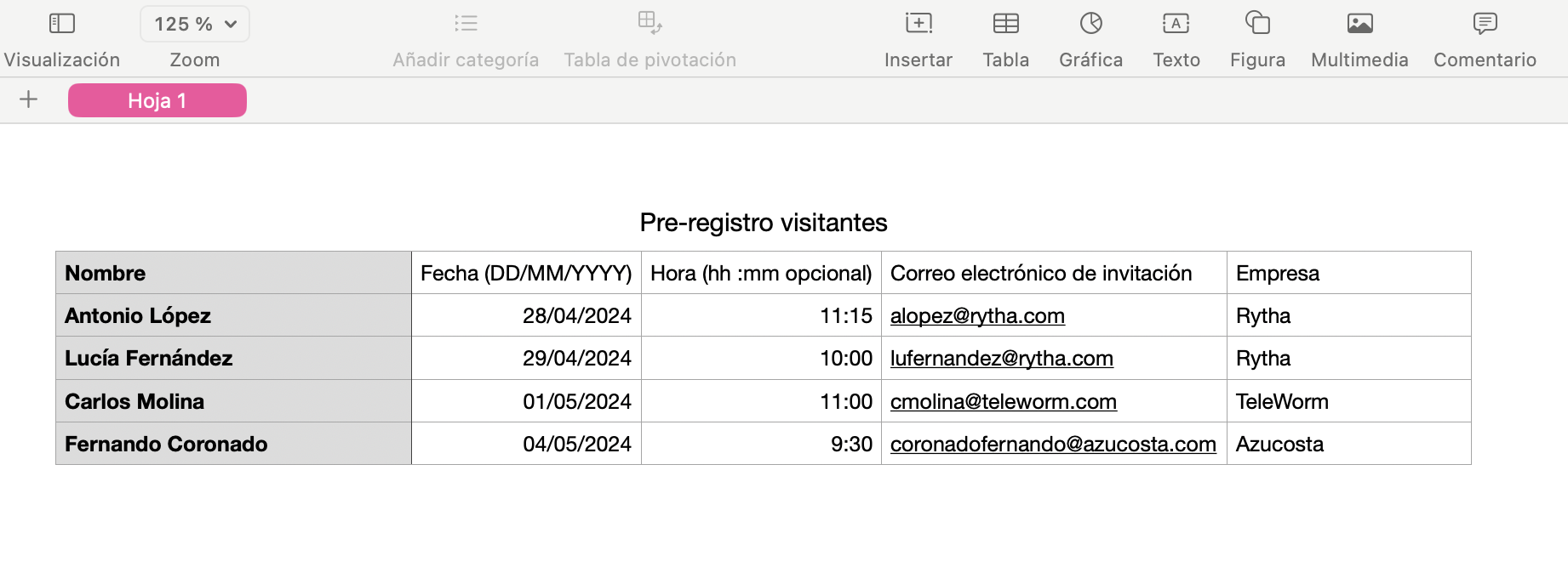 Plantilla de un ejemplo de archivo csv para importar pre-registros