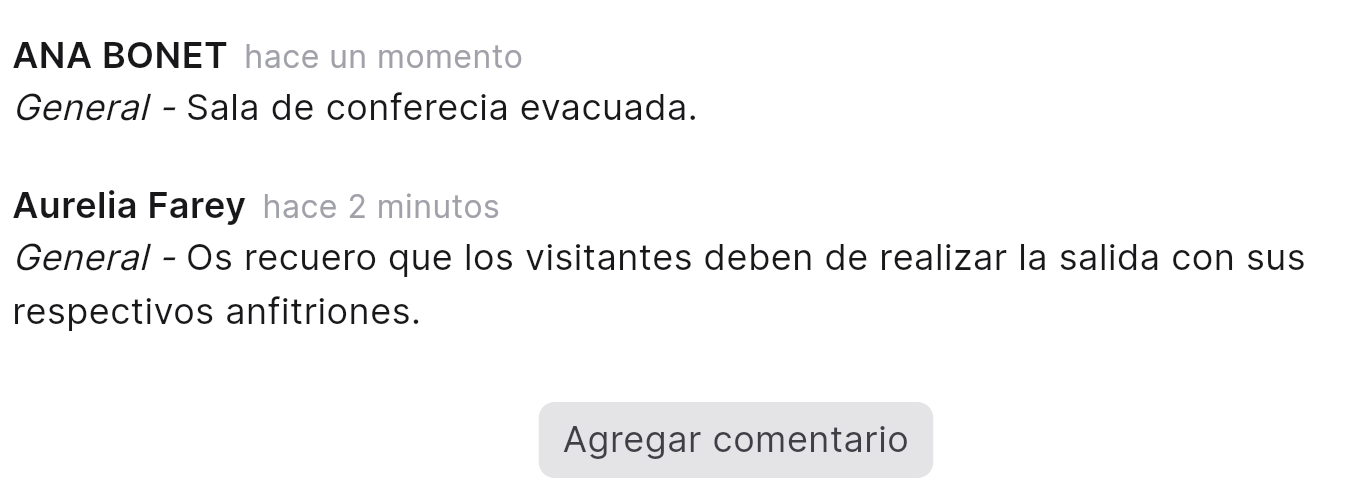 Comentarios que se agregan al informe de evacuación compartido en tiempo real