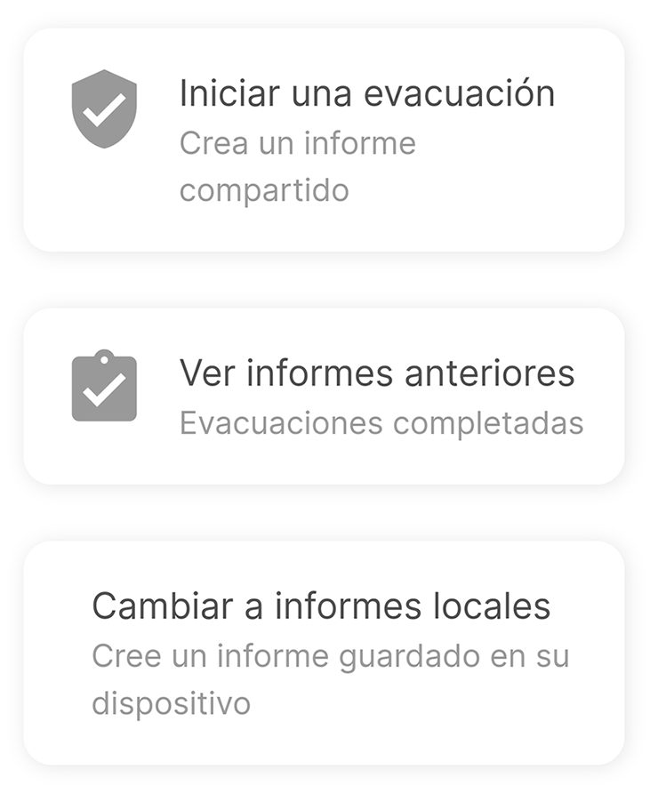 La opción de seleccionar un informe de evacuación local o compartido