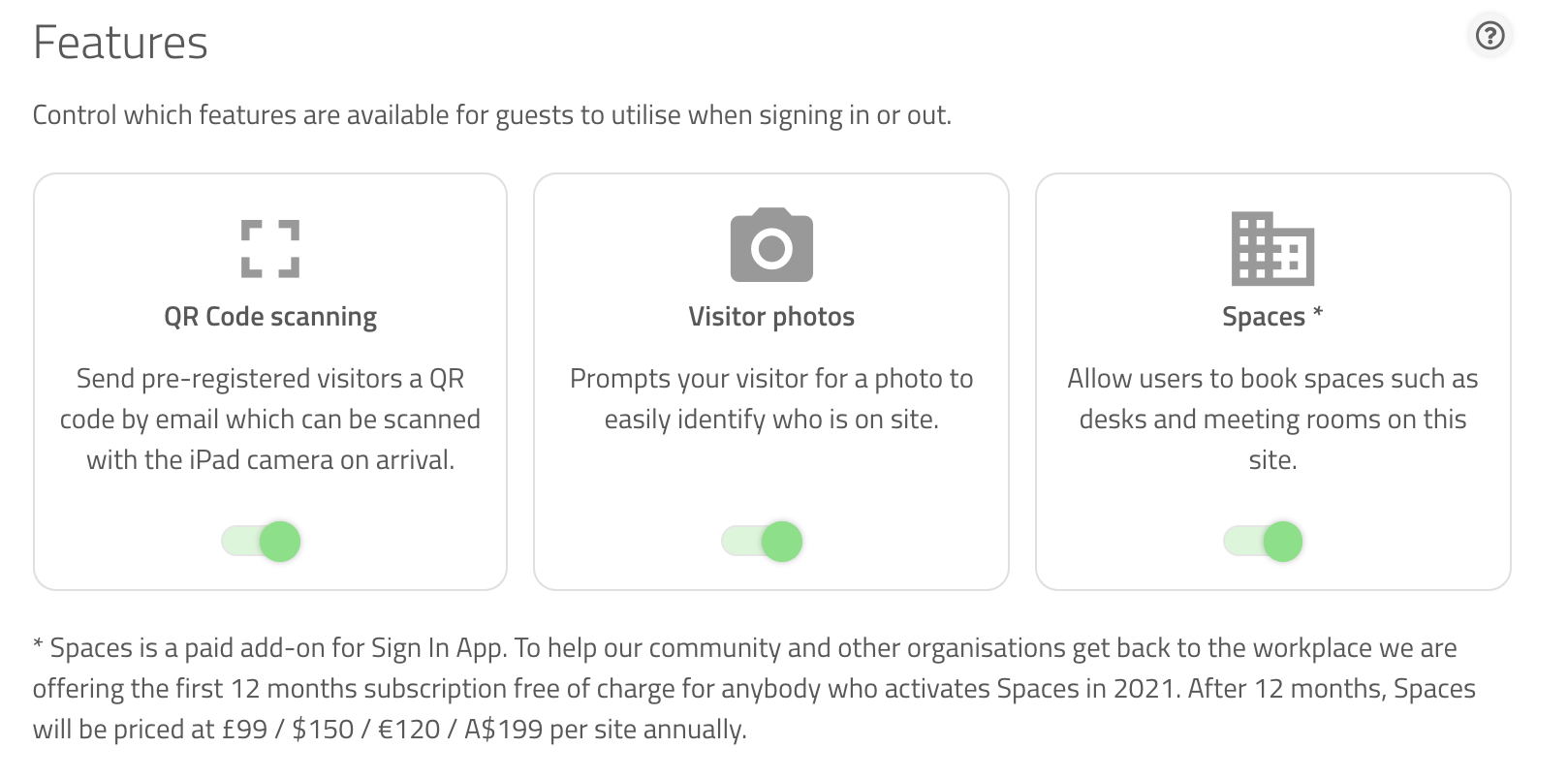 Captura de pantalla de las características del sitio en el portal de Sign In App