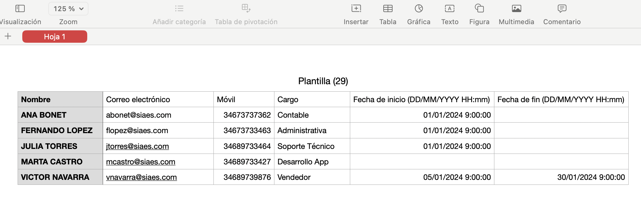 Template of example csv file for importing members