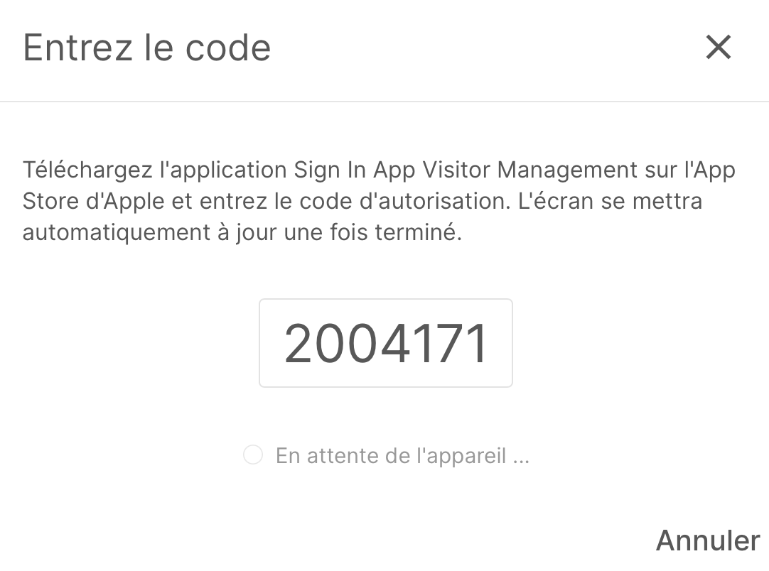 Modale du code d'autorisation du dispositif sur le portail Sign In App