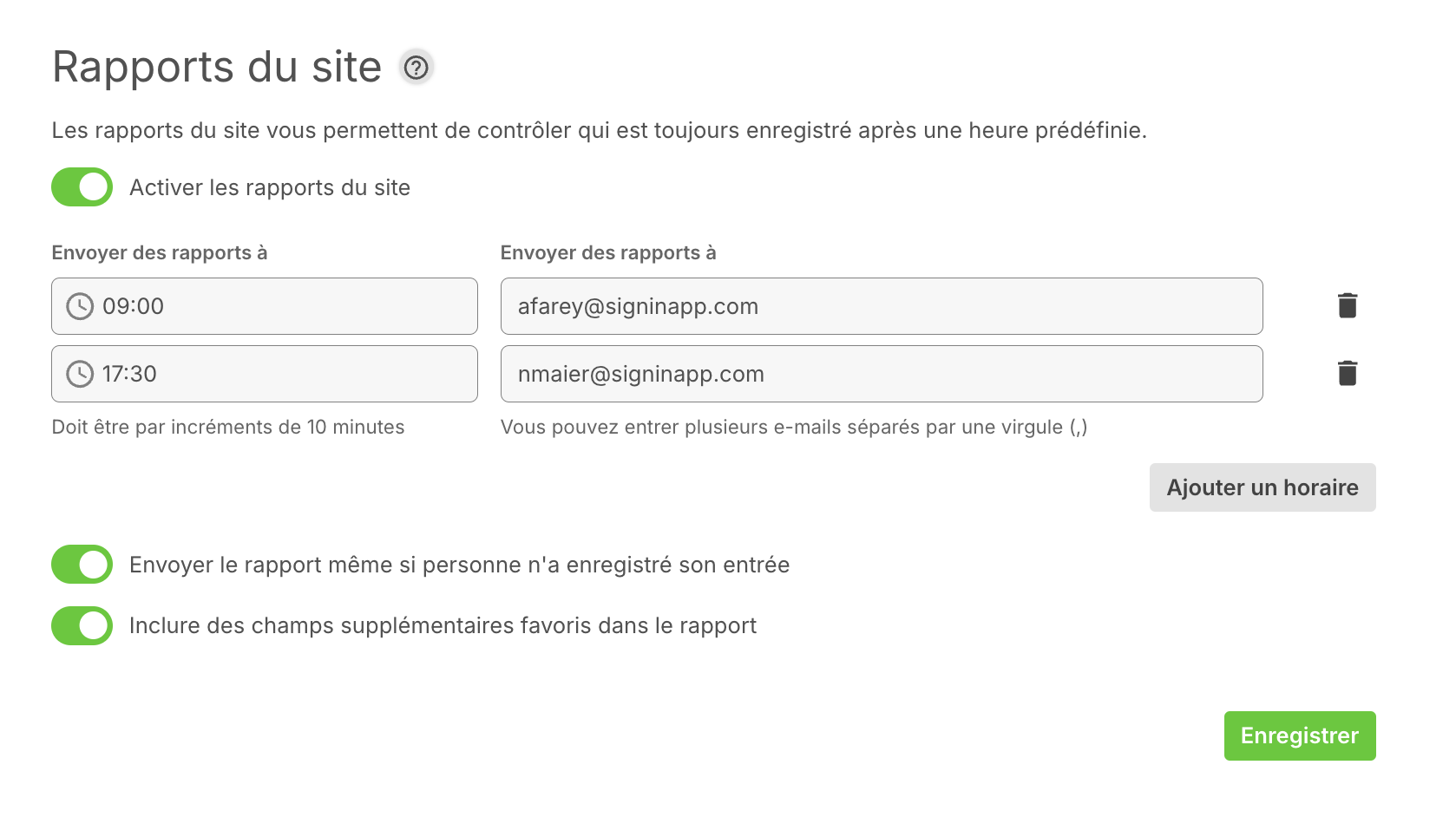 Capture d'écran des fonctionnalités du site dans le portail Sign In App