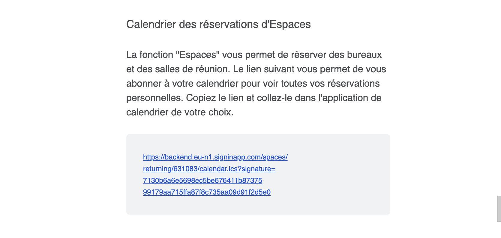 Screenshot of welcome email showing repeat visitor calendar URL
