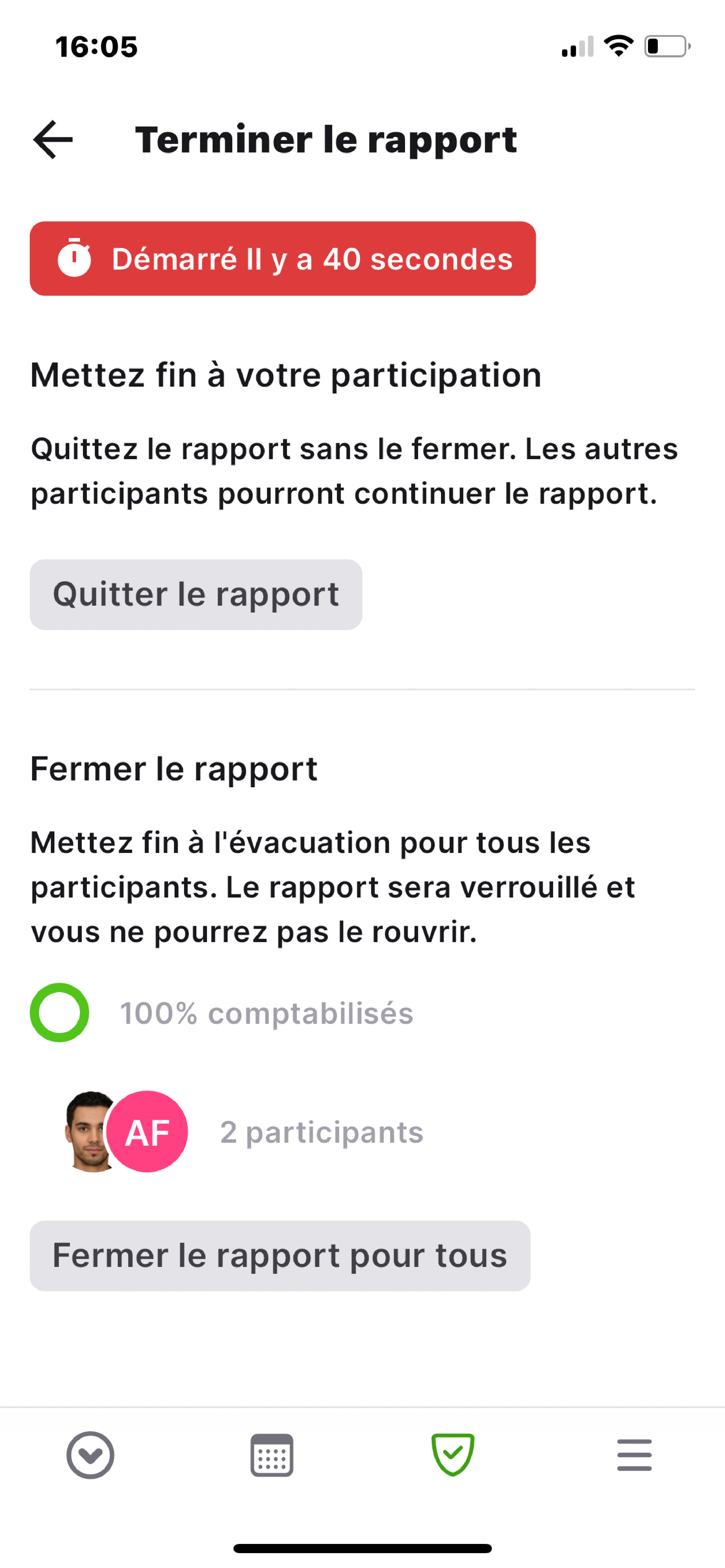 Terminer ou quitter un rapport d'évacuation partagé