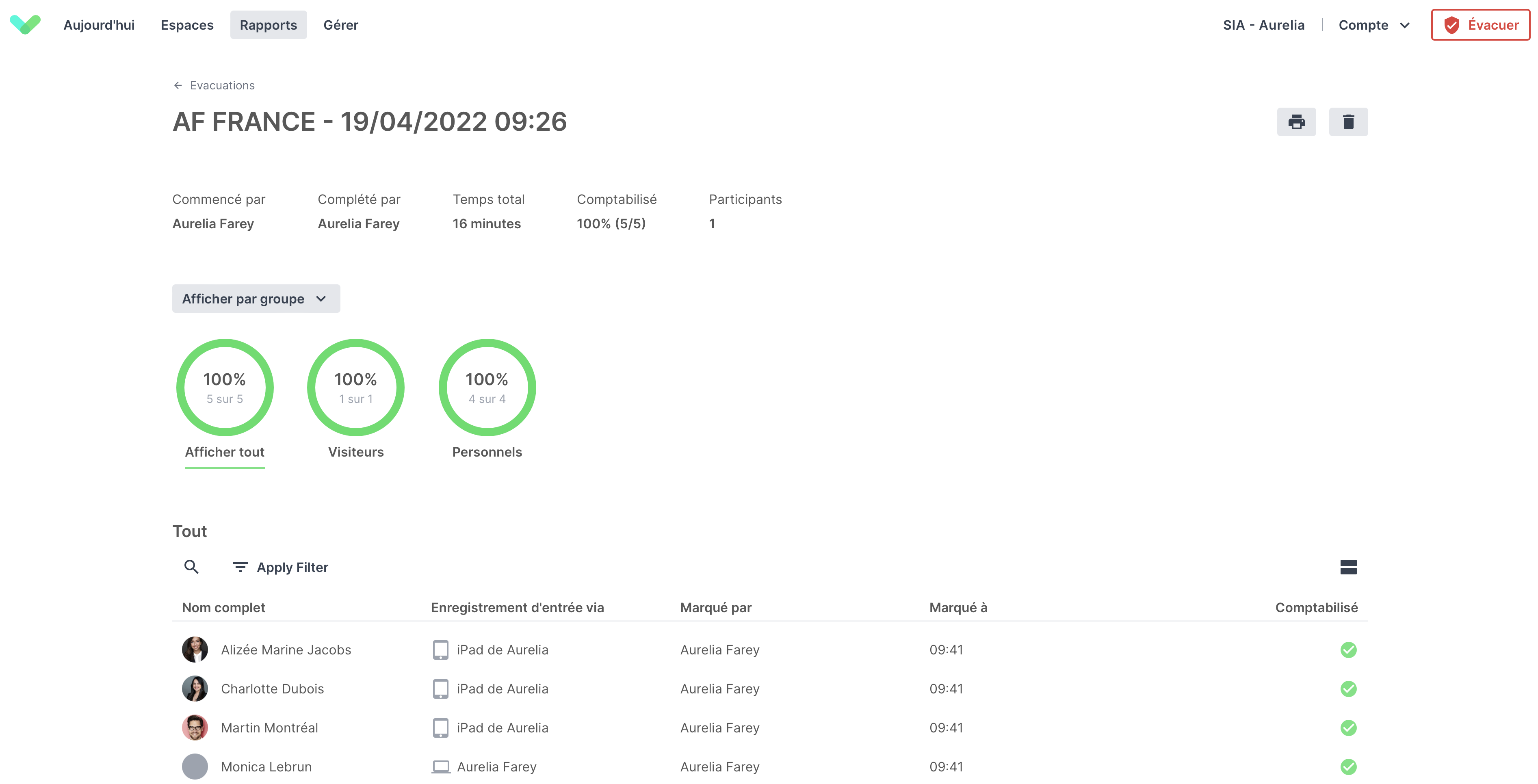 Screenshot showing an overview of the Safety+ shared evacuation list from the portl