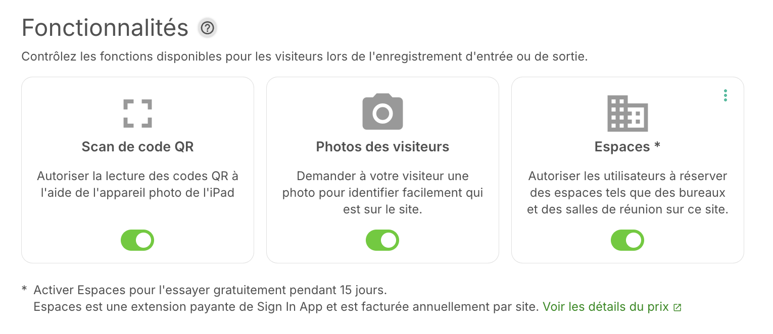 Capture d'écran des fonctionnalités du site dans le portail Sign In App