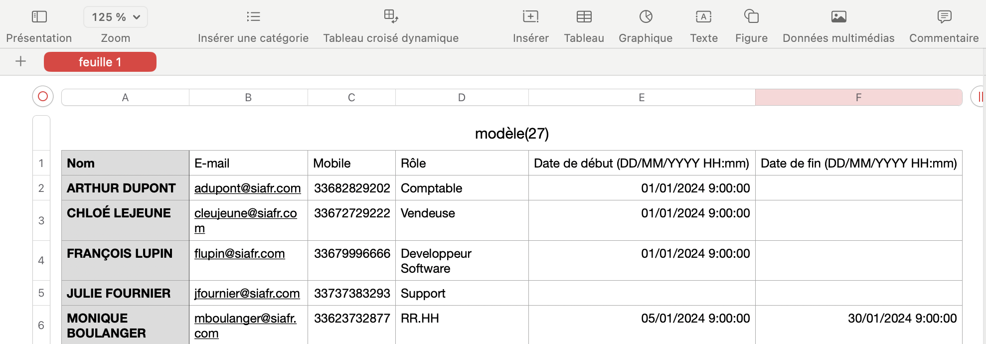 Template of example csv file for importing members