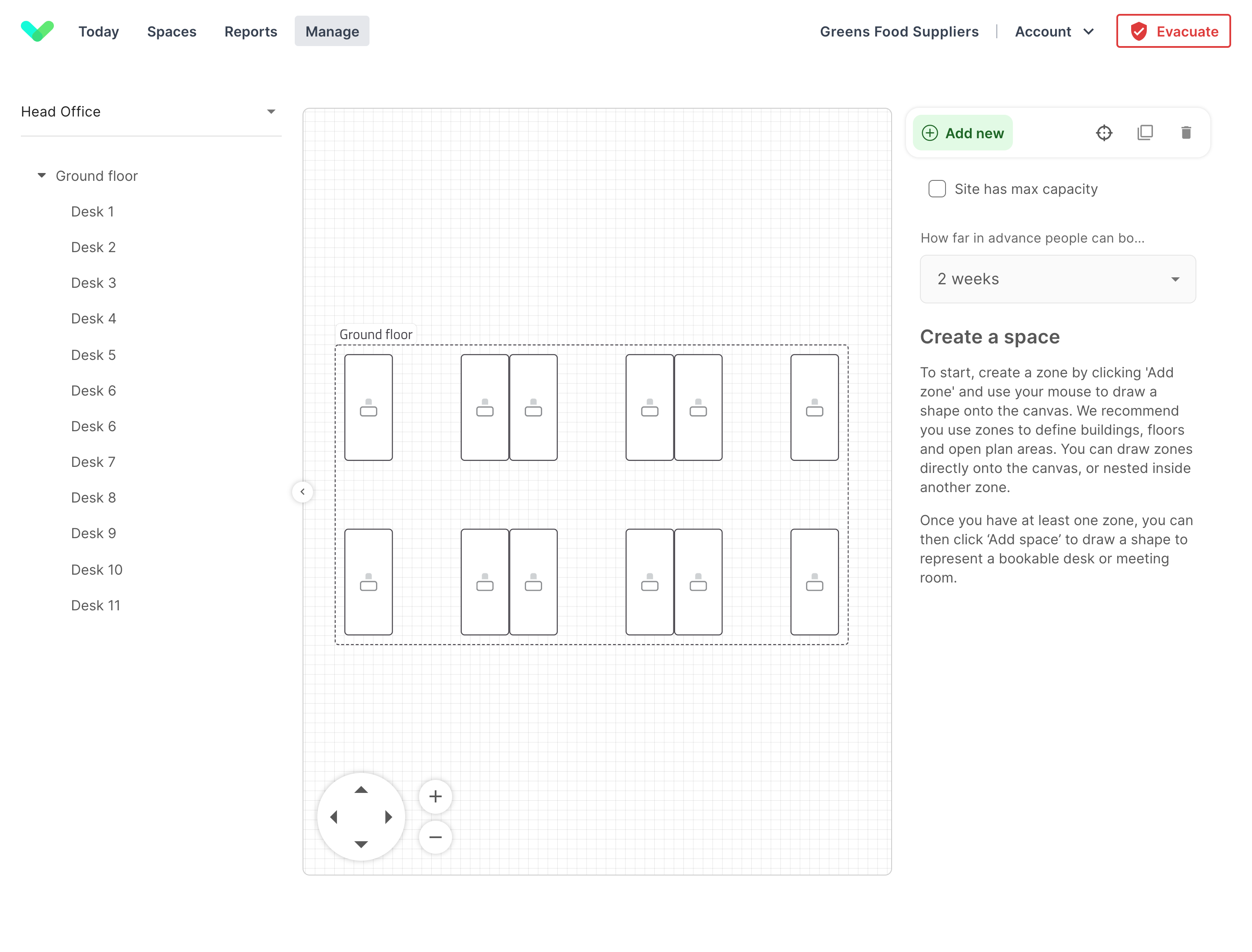 Adding a space from the spaces designer of type desk