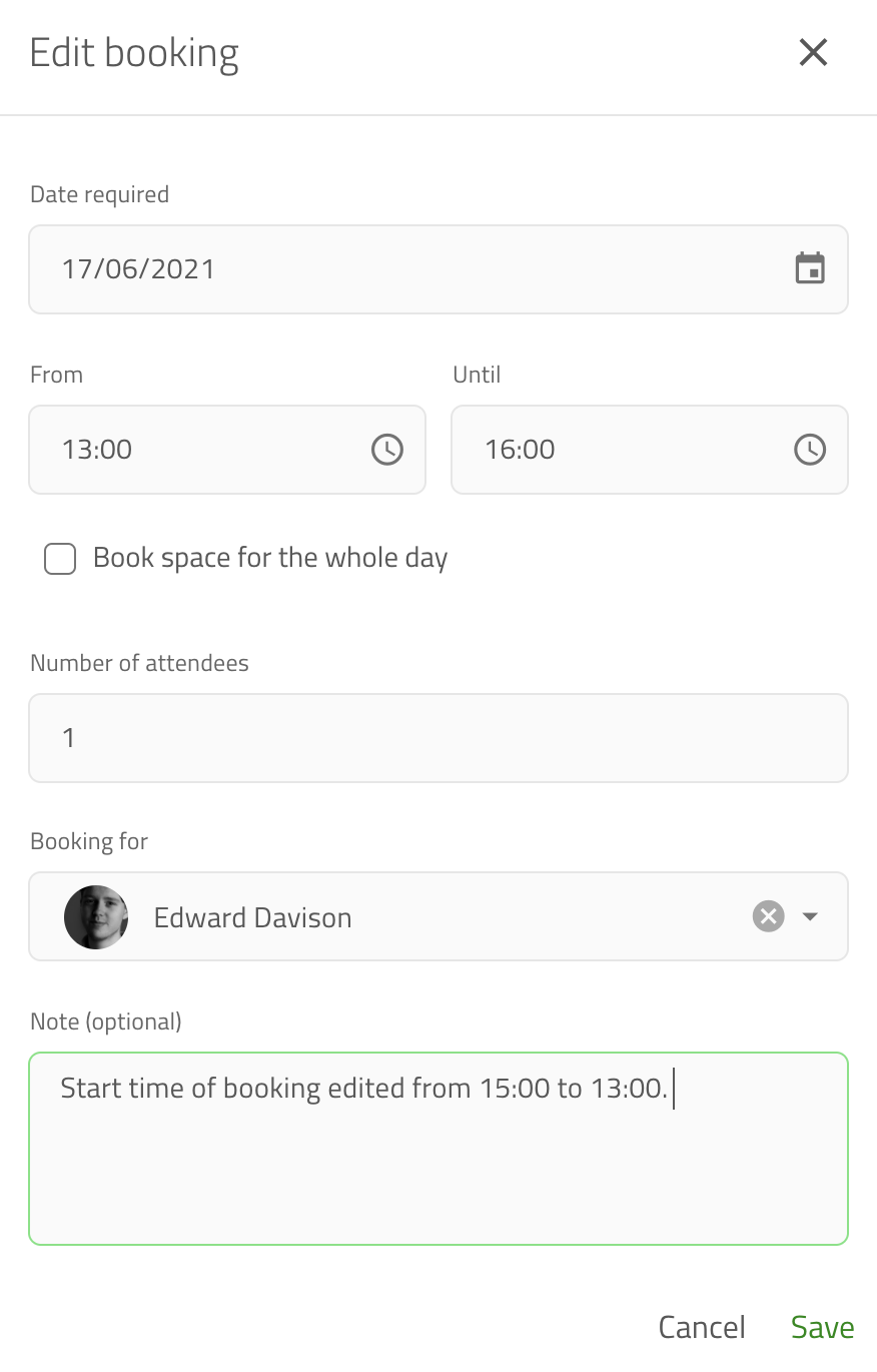 Modal showing editing spaces booking
