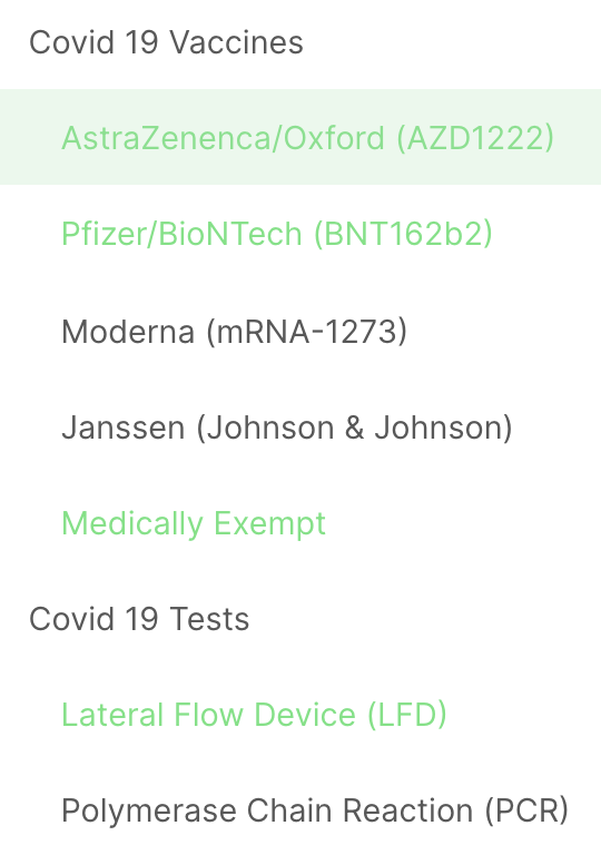 Overview of the Health certificate requirements that can be added