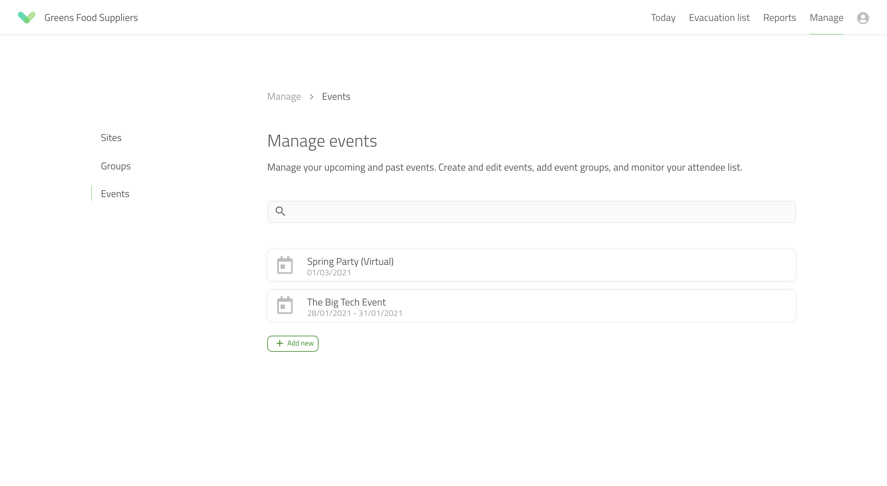 The event section of the management portal