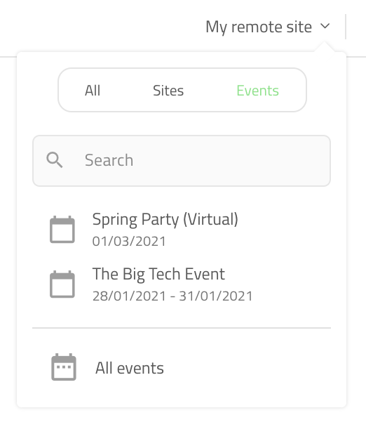 The site/event switcher in the online portal