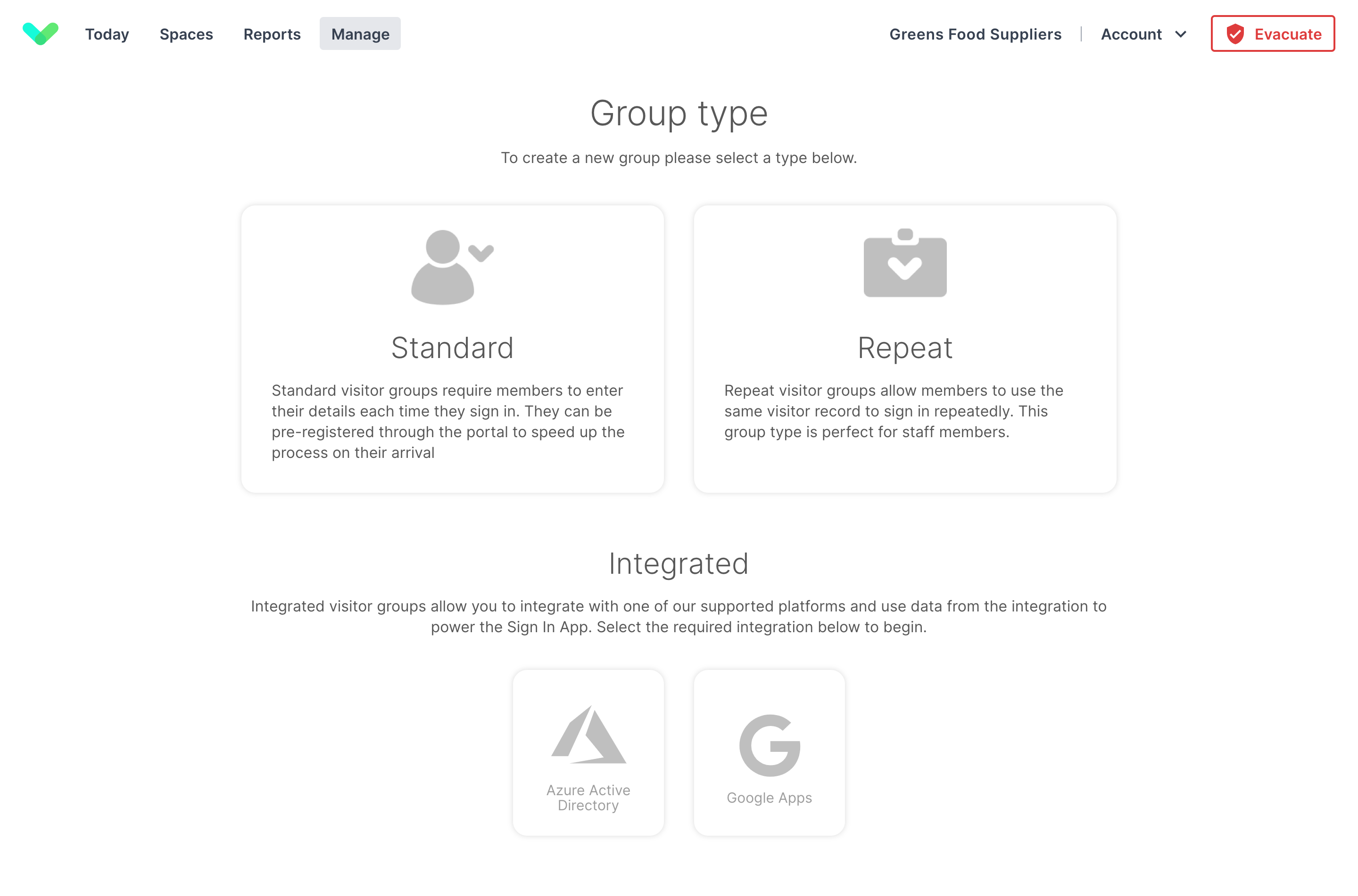 Portal screen showing the add group options