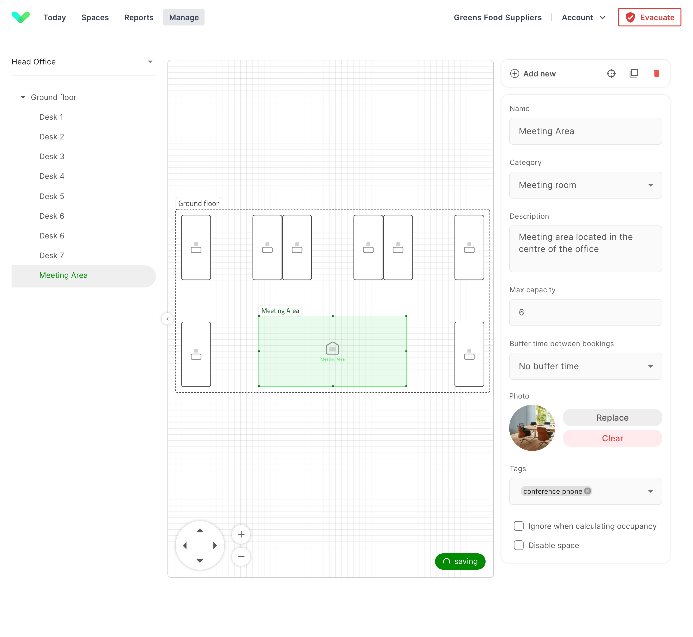 Adding a space from the spaces designer of type meeting room