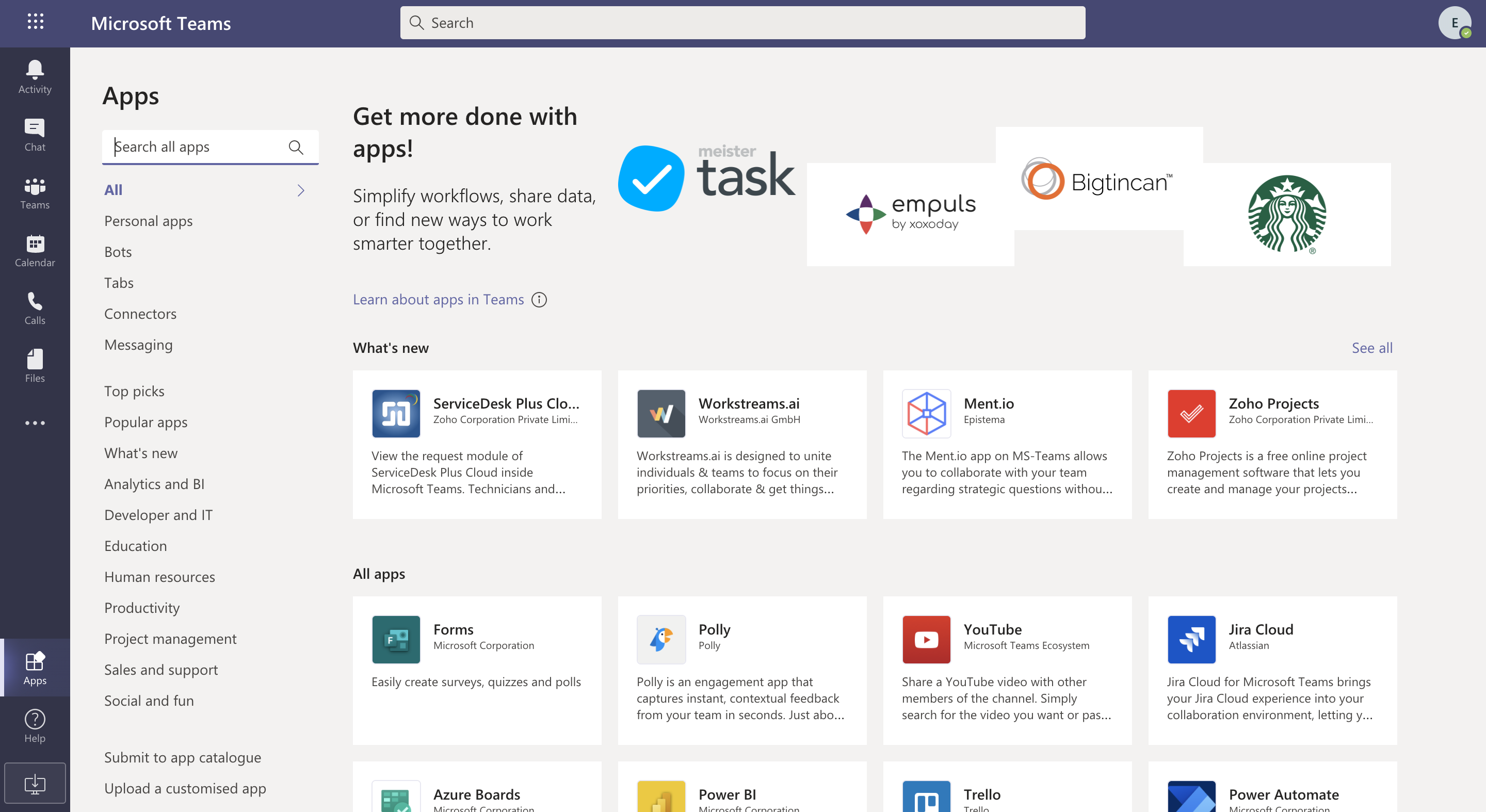 MS Teams apps page.