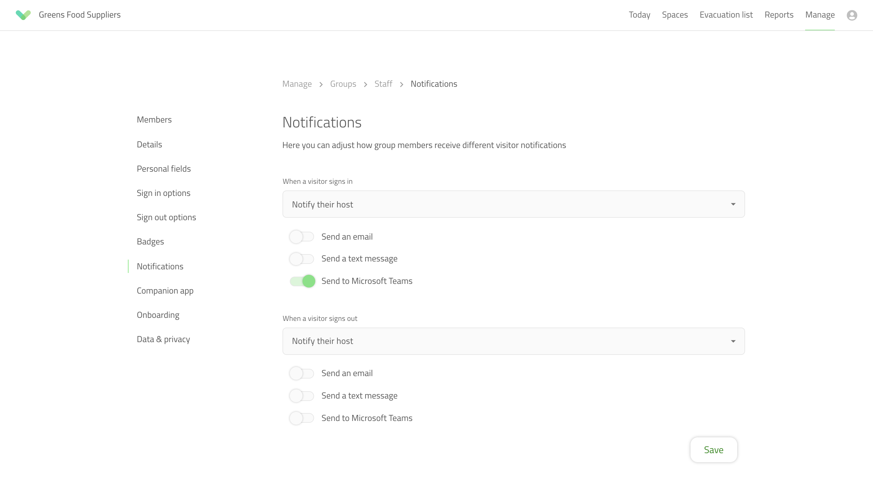 MS Teams host notifications set up in Sign In App