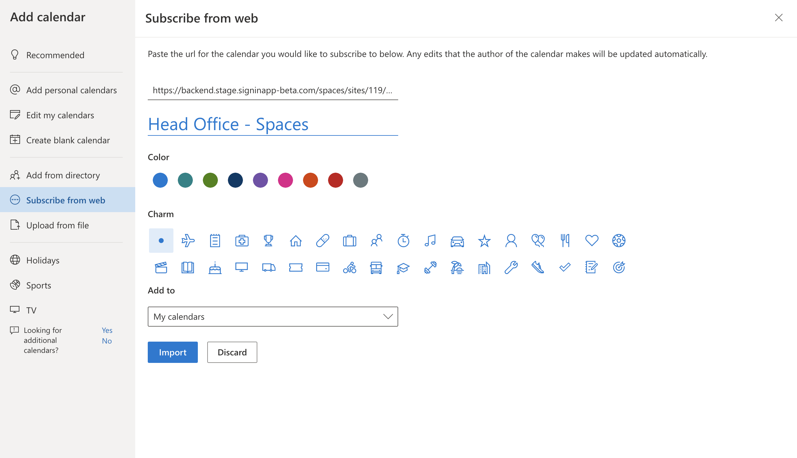 Screenshot of Outlook page adding calendar URL