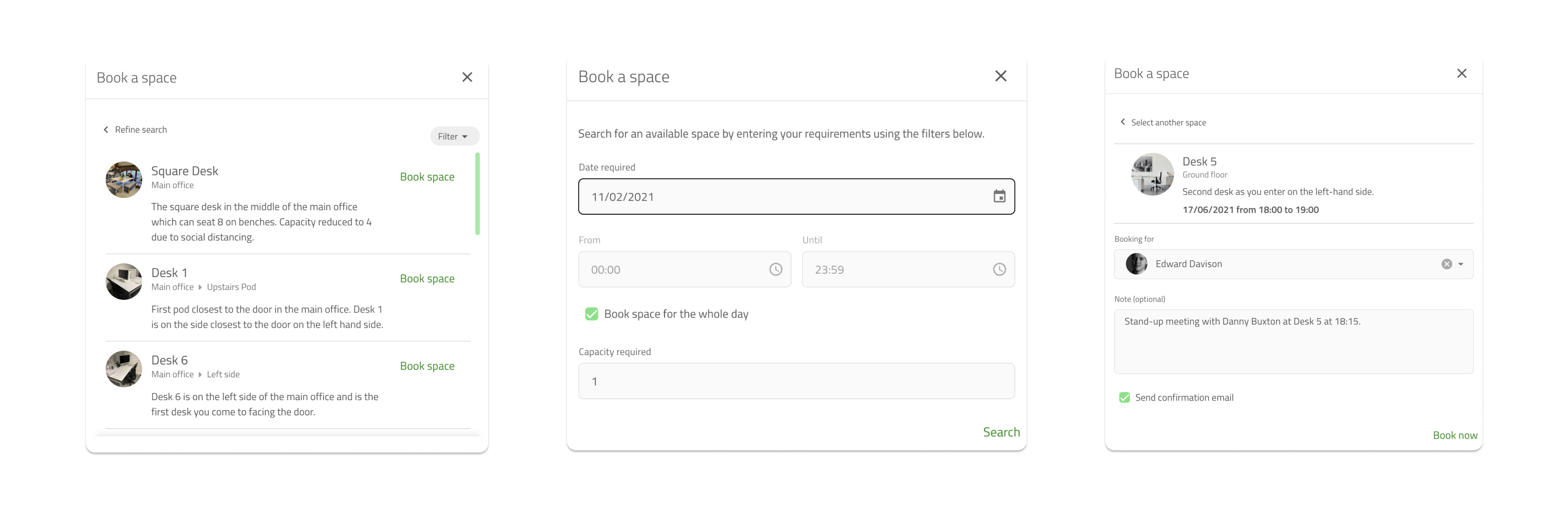 Screenshots showing the booking process from the Spaces section of the portal