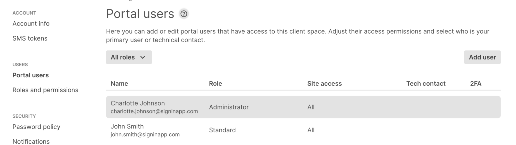 The portal user manage page on the Sign In App portal