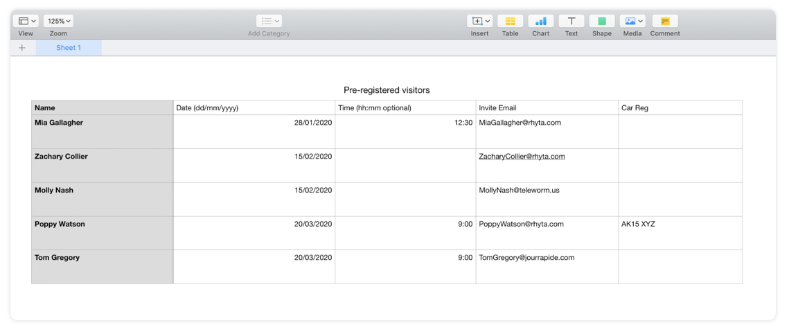 Template of example csv file for importing pre-registrations