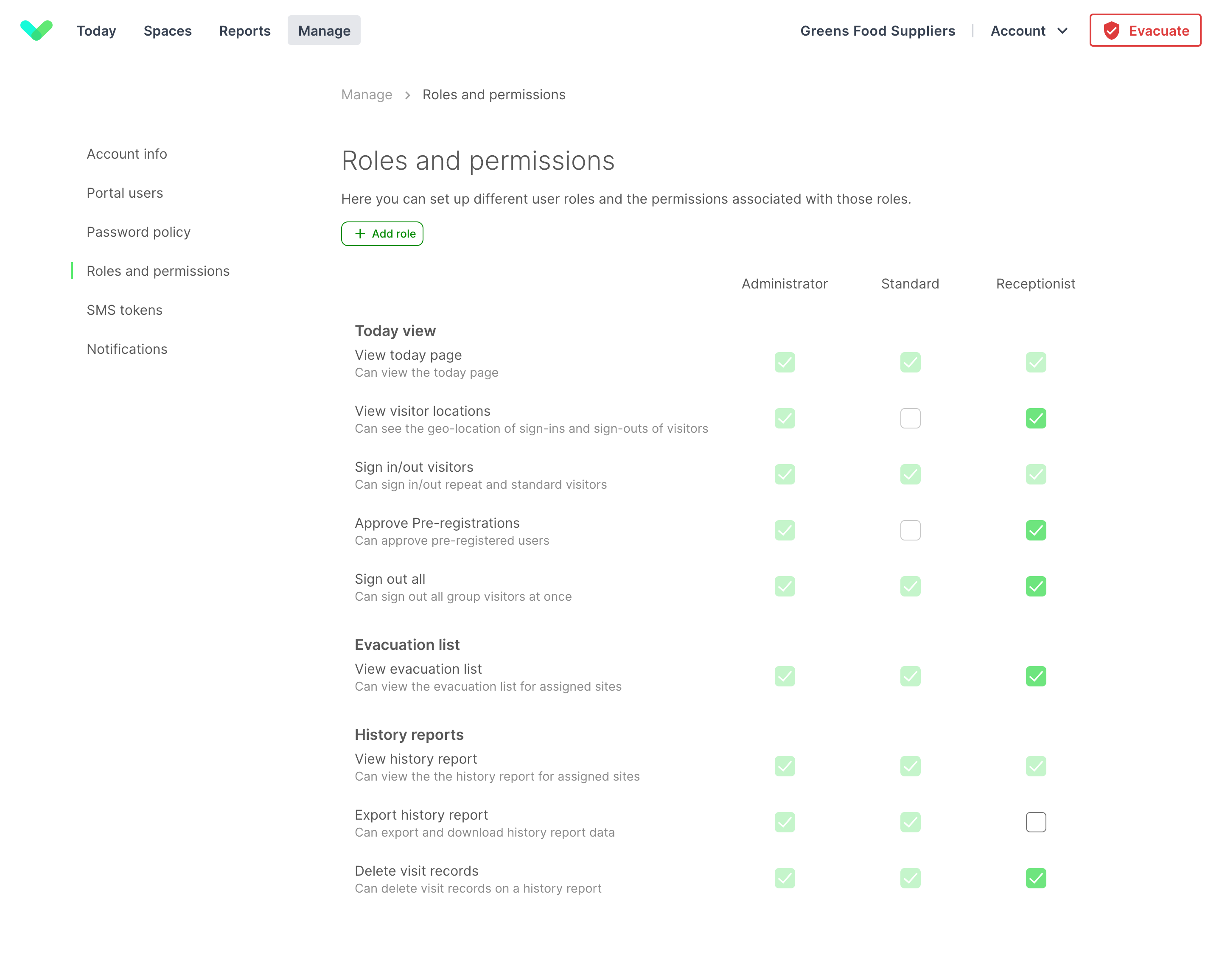 Showing the custom roles and permissions that can be configured from the Sign In App portal