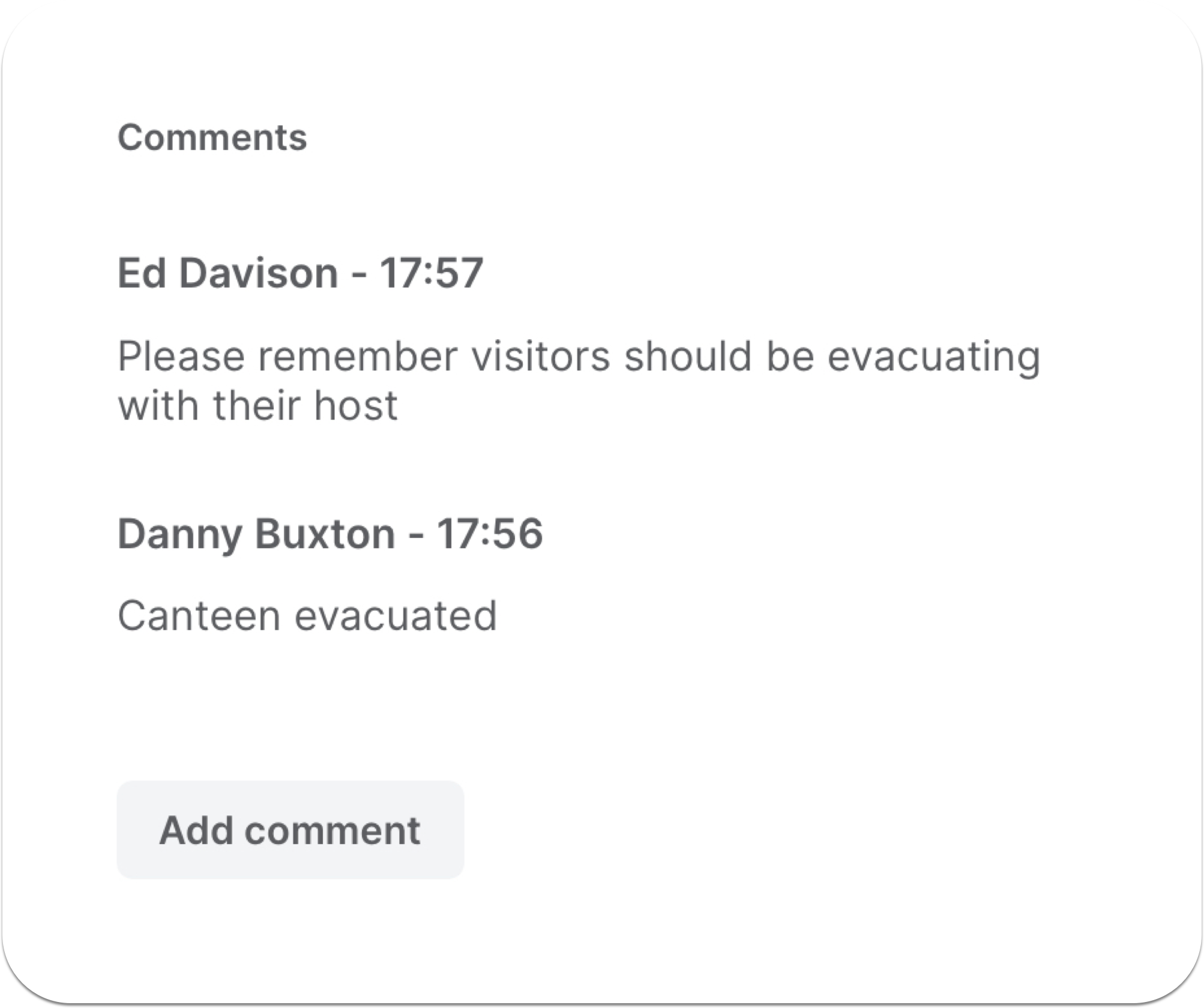 Comentarios que se agregan al informe de evacuación compartido en tiempo real