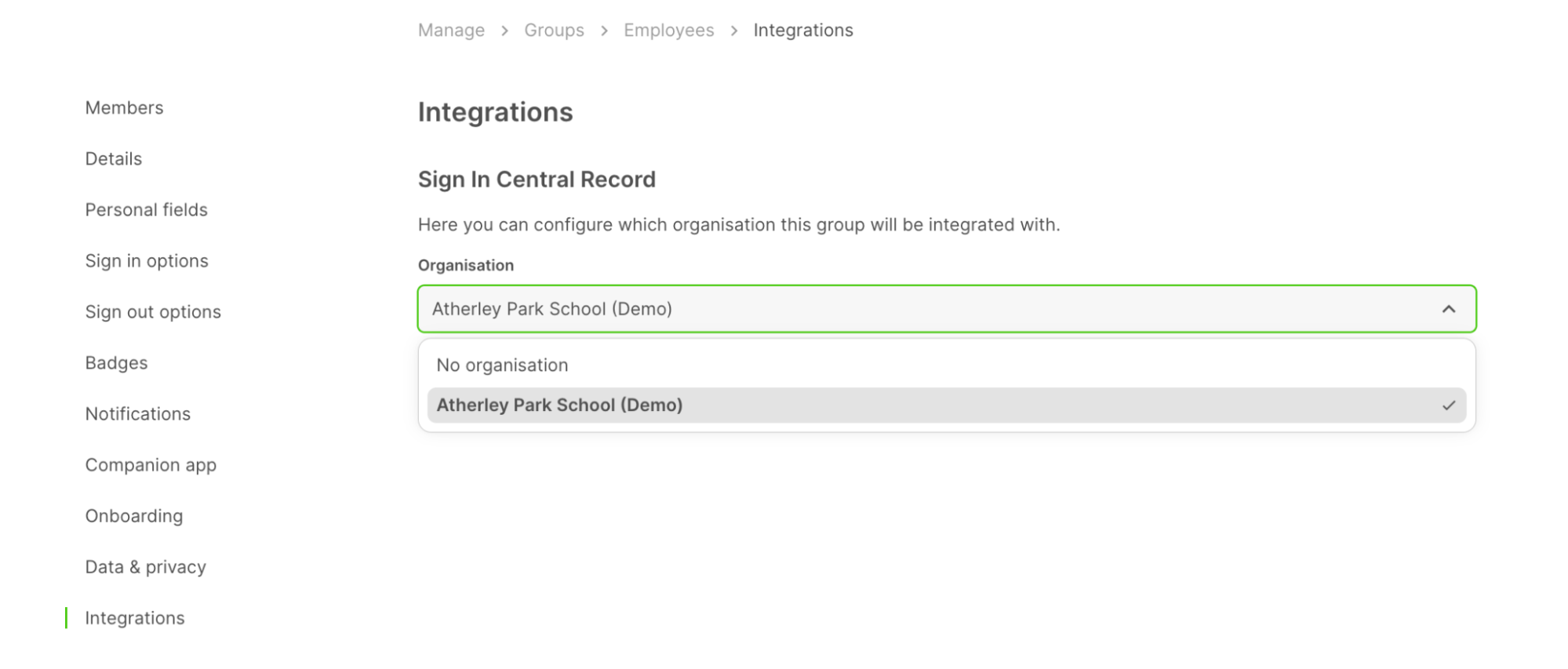 Sign In App portal showing optin to select SICR organisation