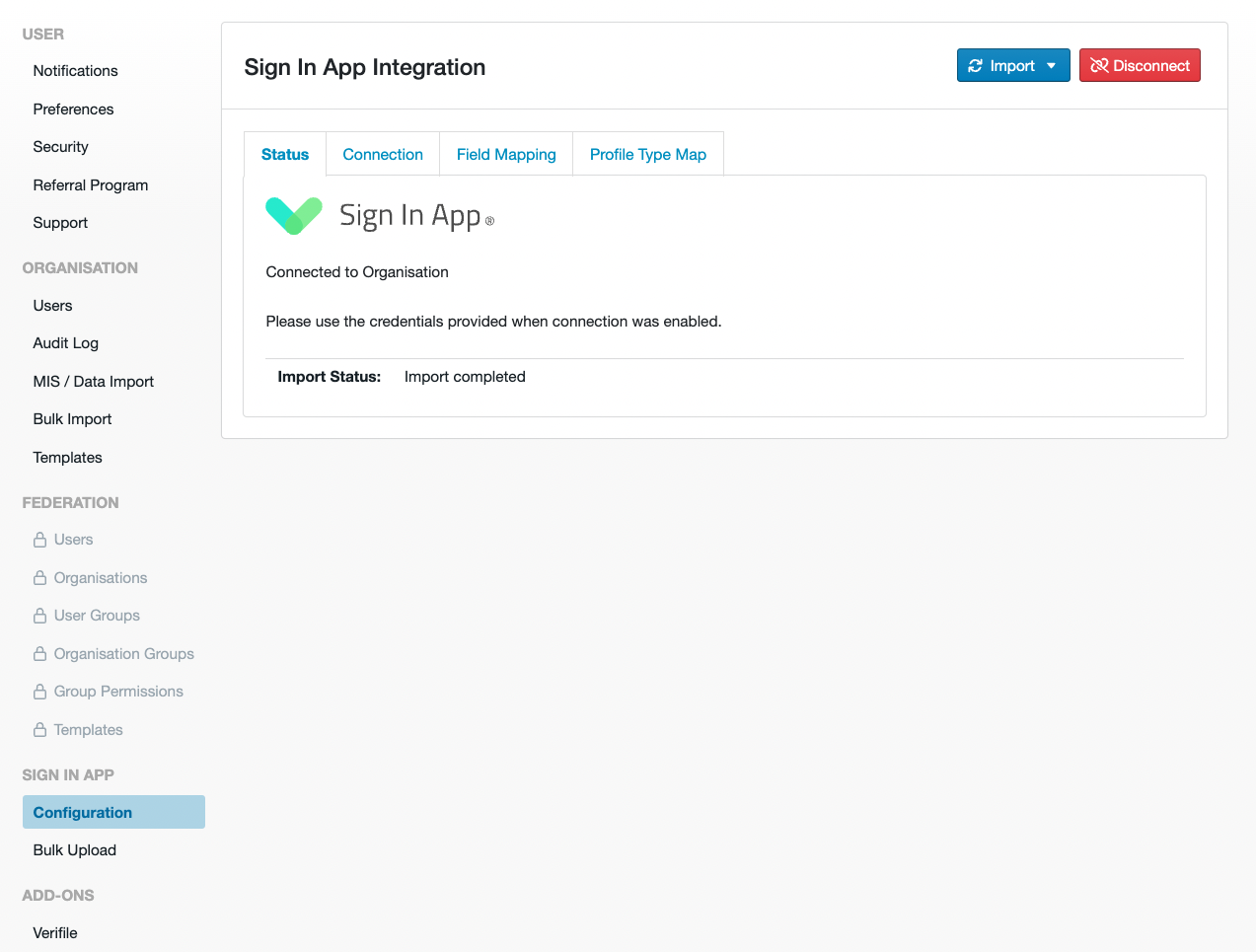 Sign In App portal showing optin to select SICR organisation