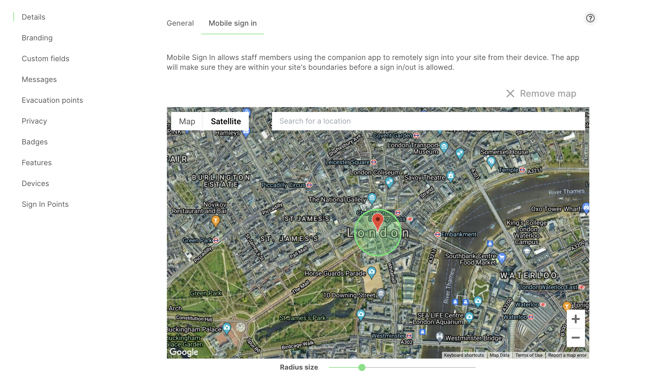 Screenshot of portal showing geofence setup