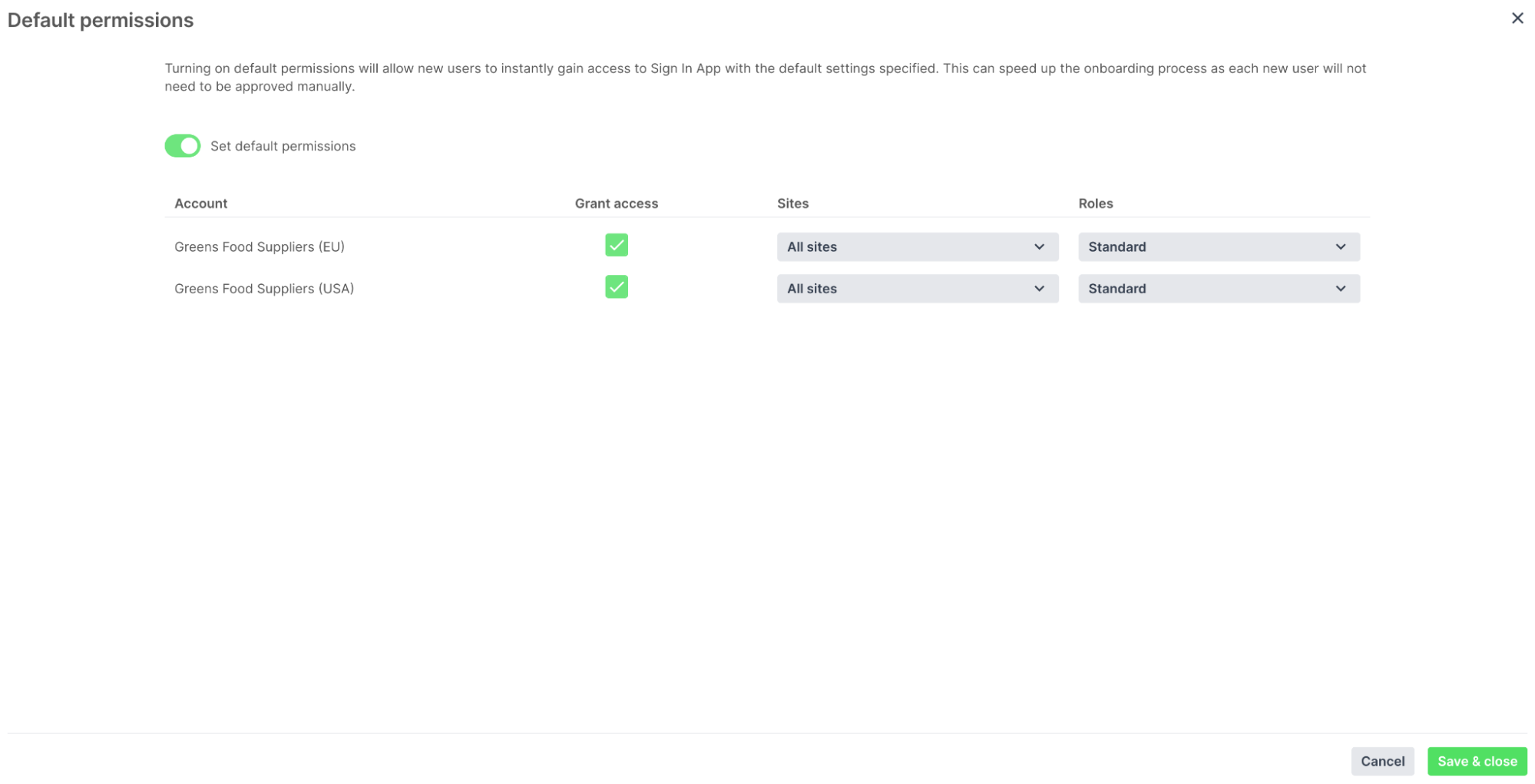 How to set sso default permissions