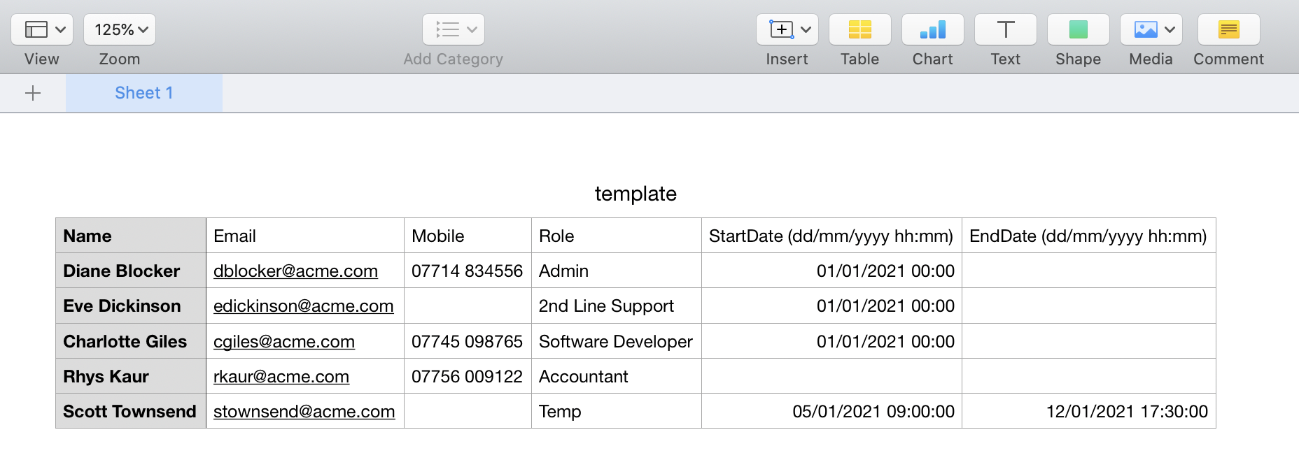 Template of example csv file for importing members