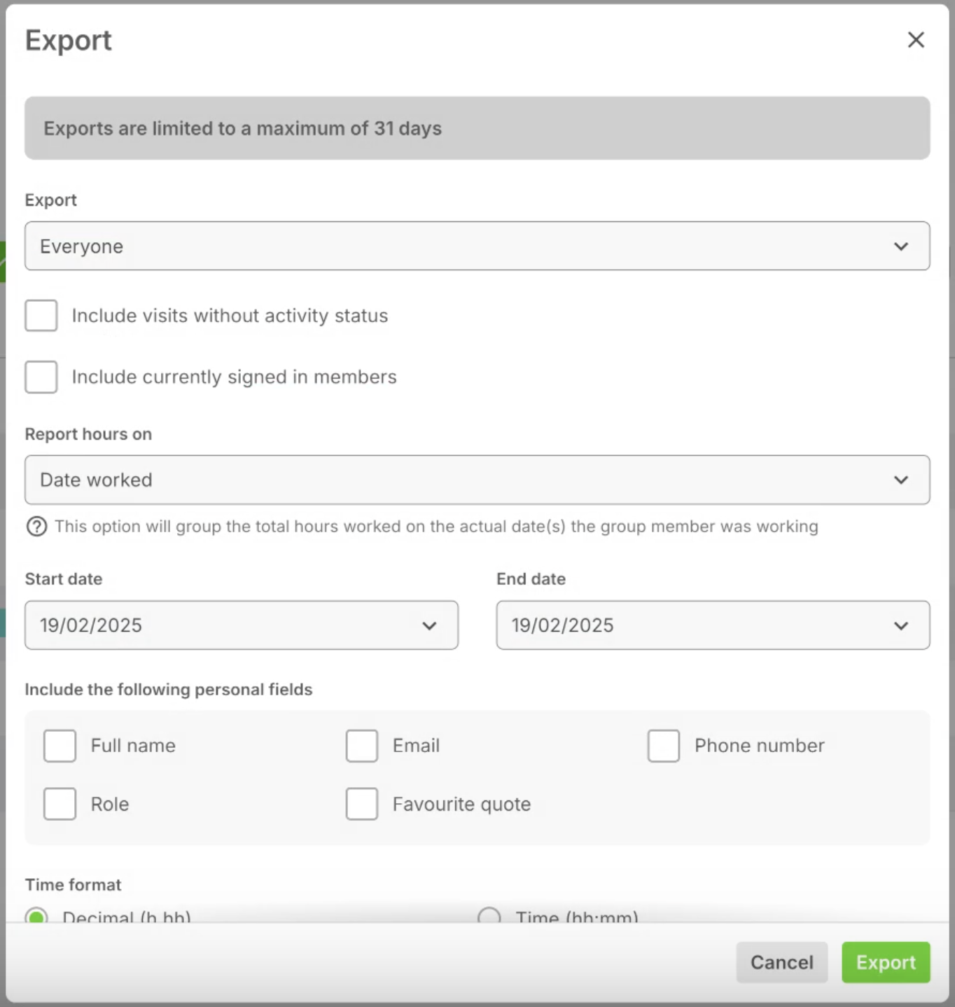 Detail modal of a timesheet report