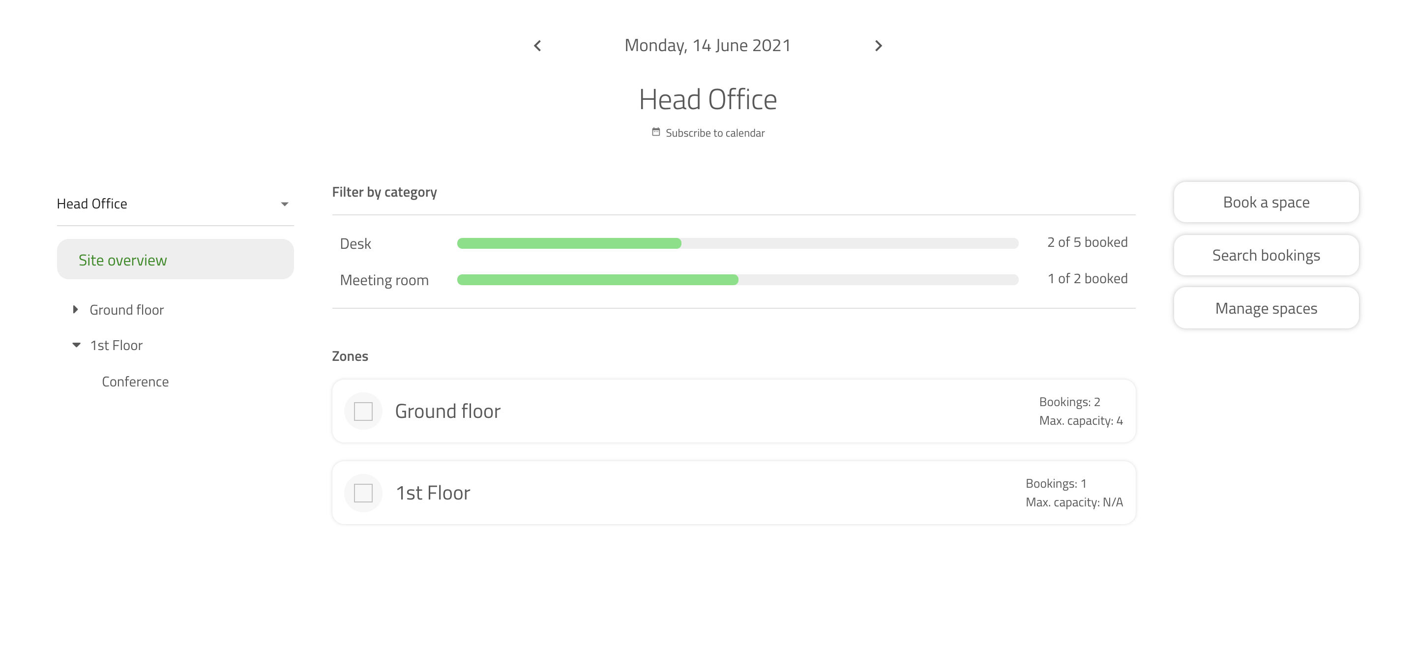 Overview of the Spaces bookings page in the portal