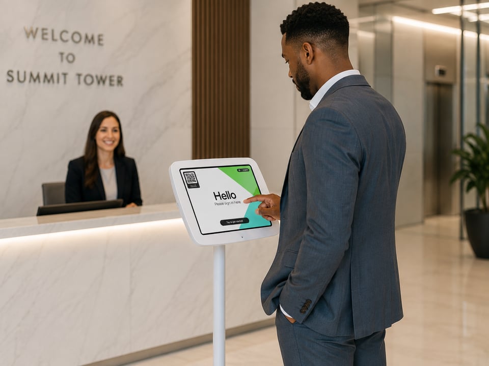 Visitor tapping to sign in on a Sign In App kiosk at a modern office reception desk, illustrating a visitor management system checking a guest in while a receptionist looks on.