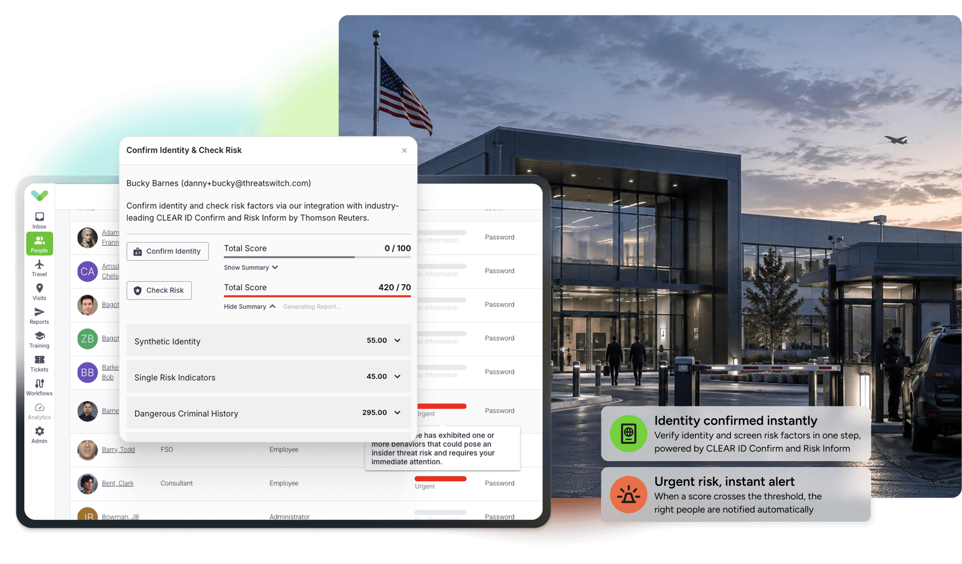 Sign In App industrial security software UI of people record & identity risk score. Photograph behind of a cleared facility.