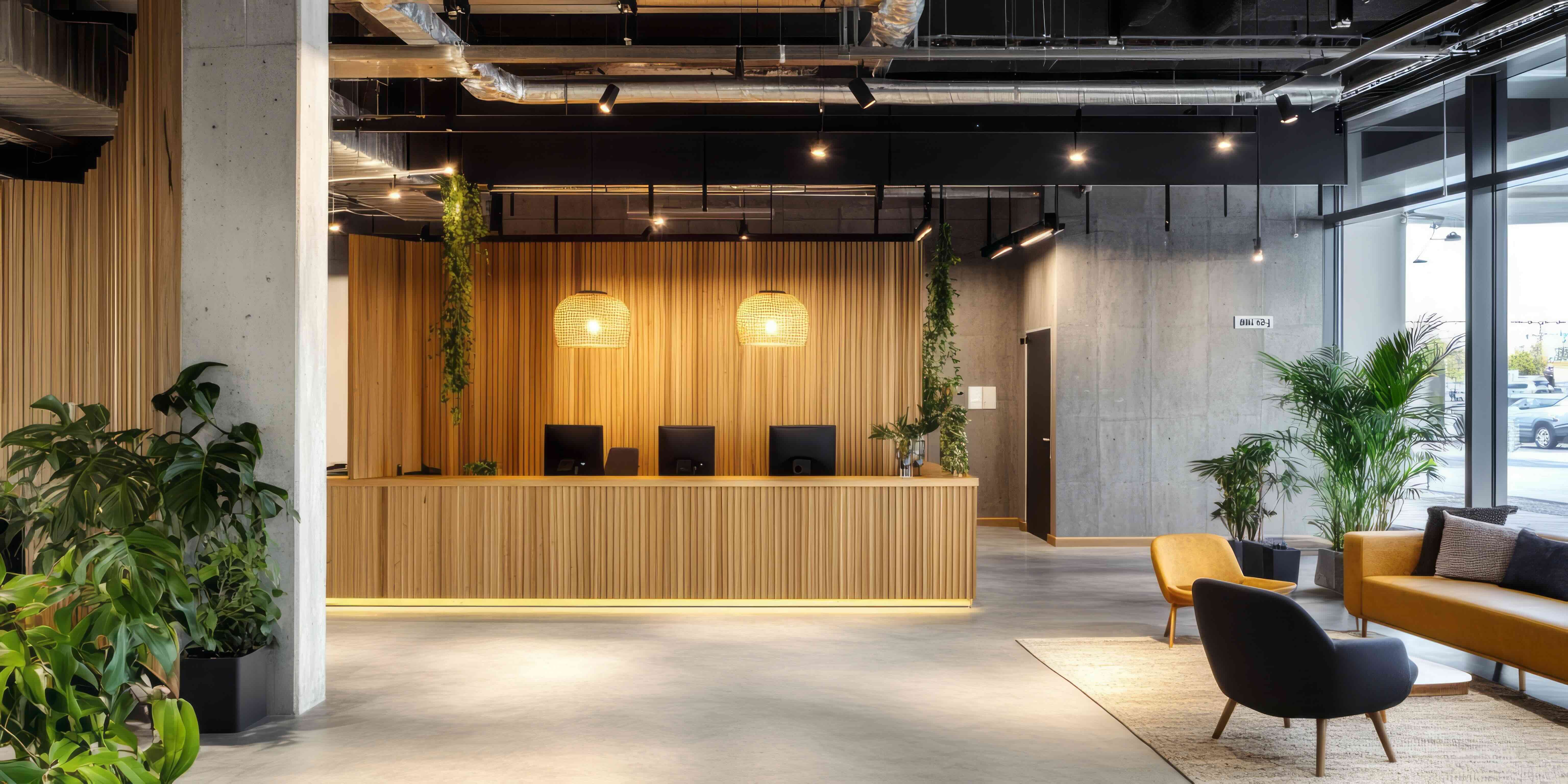 A modern reception area features a wooden desk with computer monitors and decorative hanging lights in a friendly environment. Plants surround the area, with a seating arrangement of a yellow sofa and chairs against large windows.