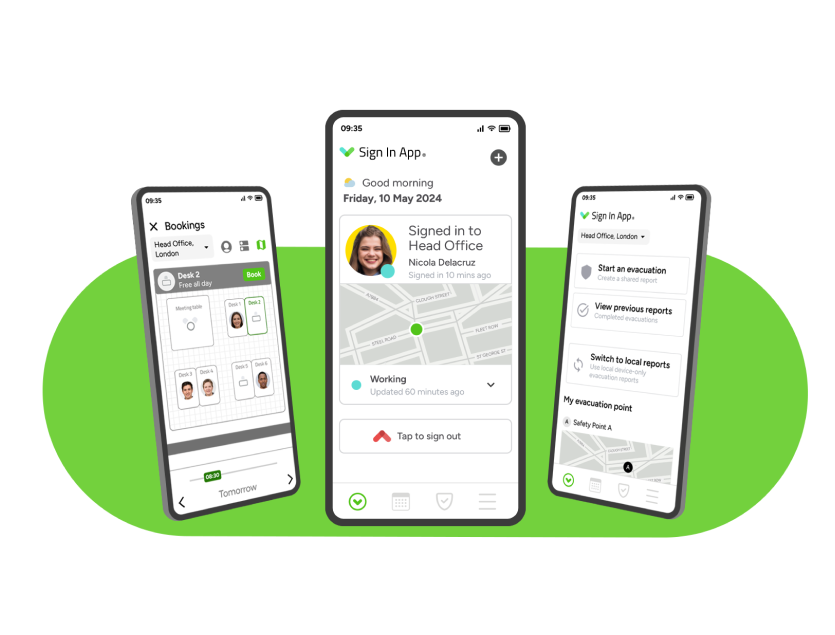 3 sample smartphone app views of Sign In App's Companion App. One shows a desk booking screen, the next the user signed in at an office location with a map view, and the last some office location based options like viewing previous reports and to start an evacuation