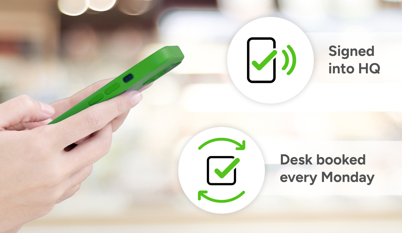 A hand holds a mobile phone in a green case. 2 notification bubbles hover next to it confirming that the phone has been used to sign into HQ, and that a desk has been booked for every Monday