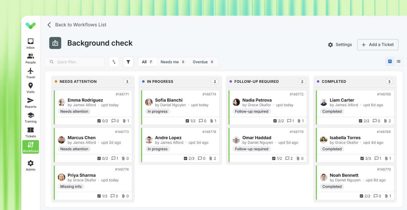 Background check workflow board with status columns