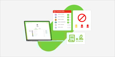 A graphic showing some of the safety features in a workplace sign in system including policy signing and compliance management.