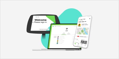 A graphic showing Sign In App visitor management system on iPad, iPhone and desktop.