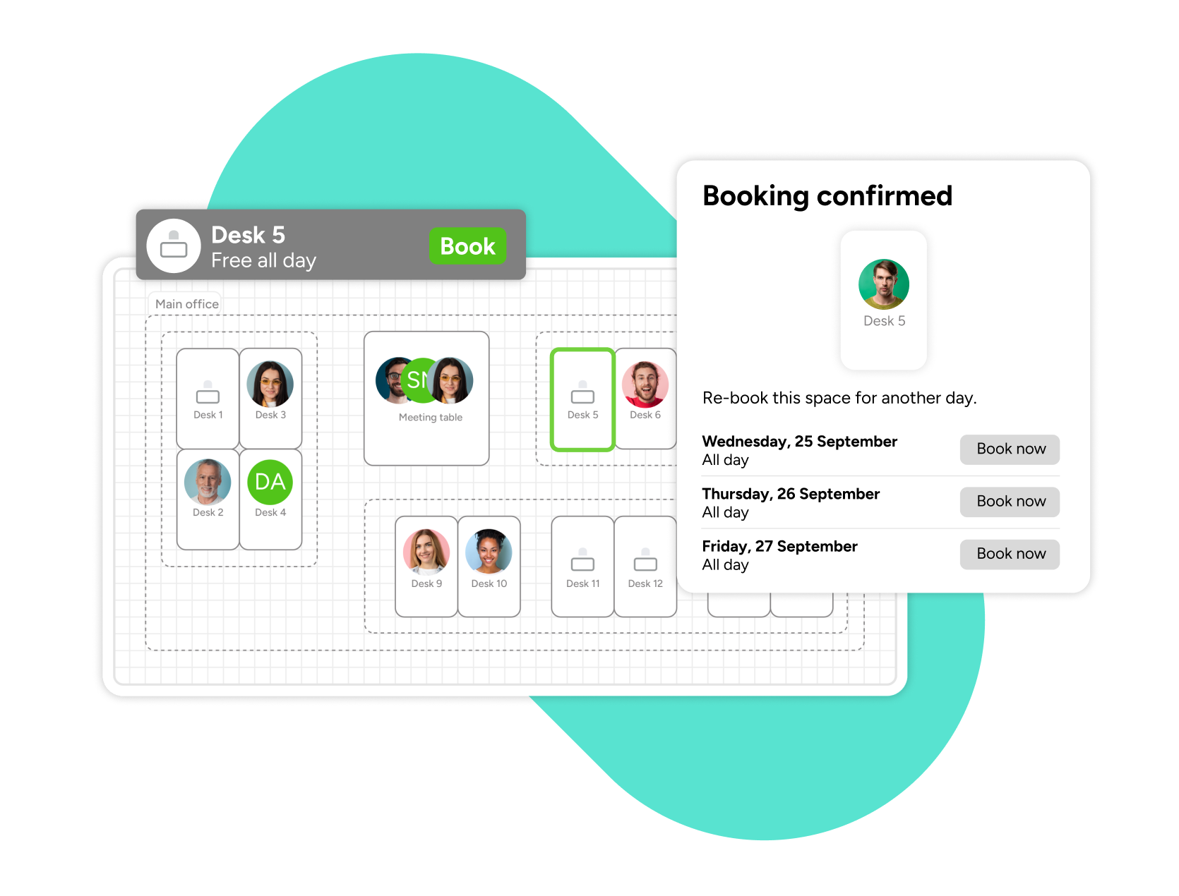 An office floorplan view is shown, with employee pictures next to desks they have booked. An empty one, desk 5 is highlighted with a message confirming it's free all day. Another window shows the confirmed booking for that desk with buttons to quickly re-book it for other days