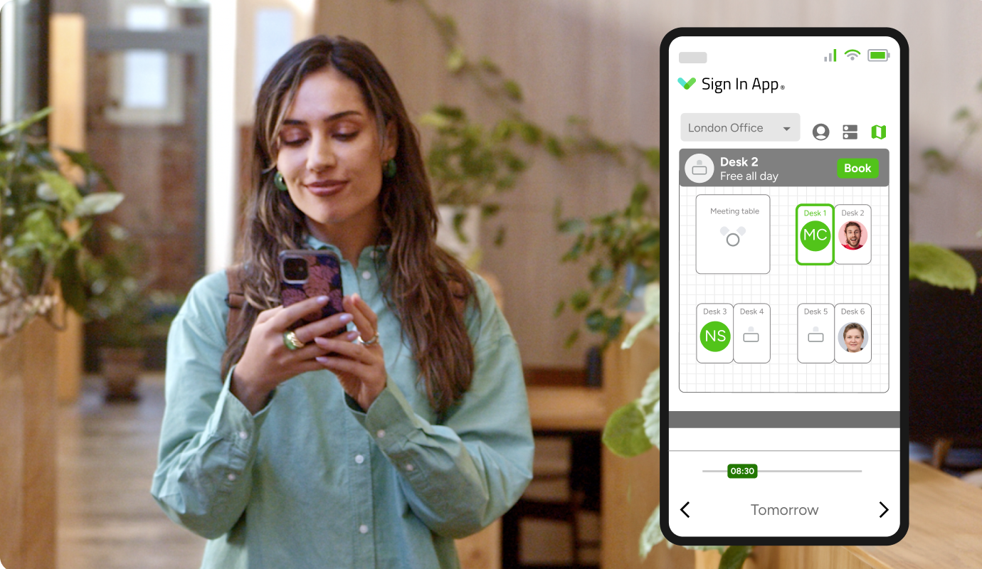 A woman is using a phone in an public setting, with a mobile app view overlayed showing a floorplan and which desks are free for her to book at the London Office tomorrow