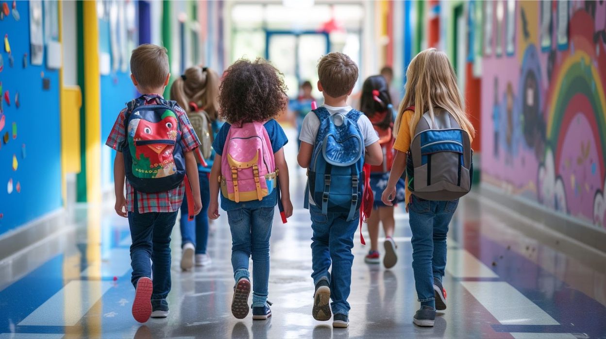 Children with backpacks walk down a colorful school hallway with murals on the walls, including rainbows and clouds, heading toward a bright exit.