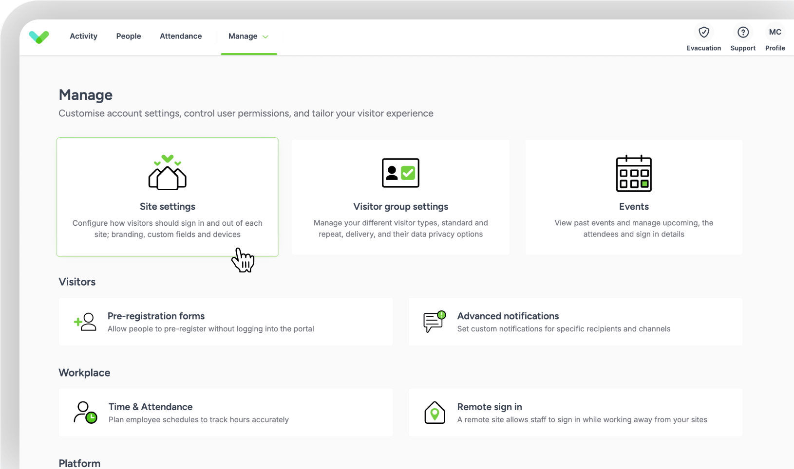 Sign In App Manage page, showing top navigation (Activity, People, Attendance, Manage) and three settings cards (Site settings, Visitor group settings, Events), followed by grouped menu items under Visitors, Workplace, and Platform.