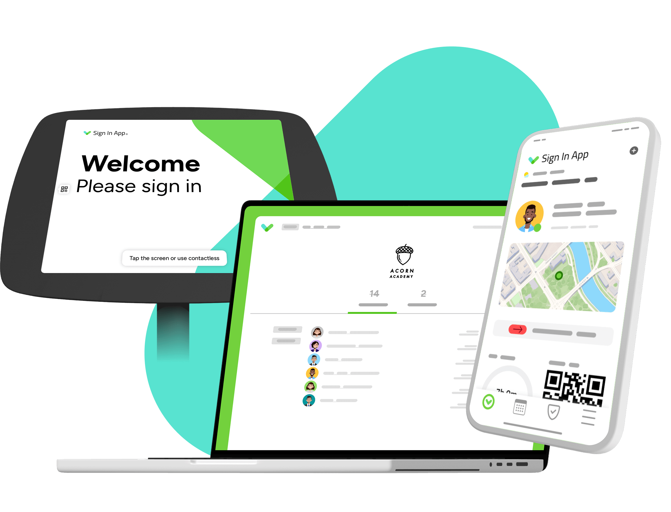 A digital sign-in system displays a "Welcome Please sign in" message on a touchscreen, with a laptop showing a dashboard for a sample company, and a smartphone illustrating location-based check-in features.