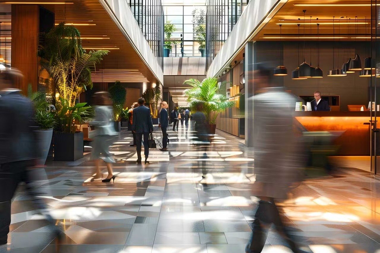 An image with blurred people walking through a spacious, modern office atrium showing lots of people traffic and quick movement. The environment is bright and busy, with natural light streaming through glass ceilings.