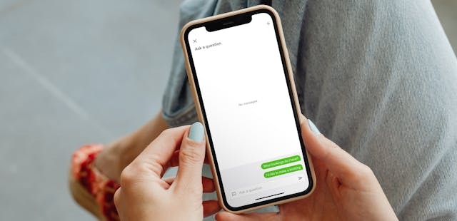 A person holds a smartphone displaying a chat interface with Sign In App's virtual AI Companion Assistant. There are some messages under "Ask a question."